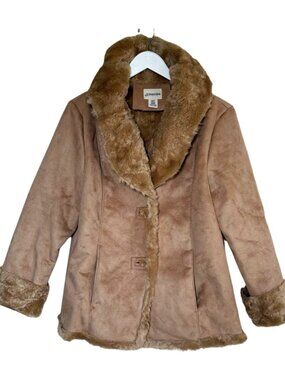 St. John’s Bay Faux Shearling Jacket Petite Large Tan Suede Sherpa Coat Cozy Win